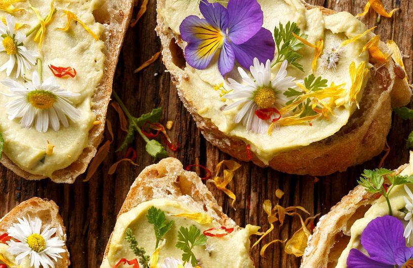 Ätbara blommor av tusensköna och viol som topping på en toast med hemlagad hummus.