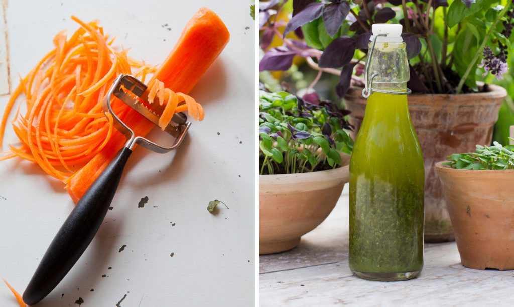 Strimlad morotspasta med god basilikadressing