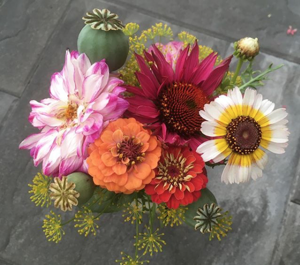 Bukett med zinnia, dahlia, solhatt och dill.